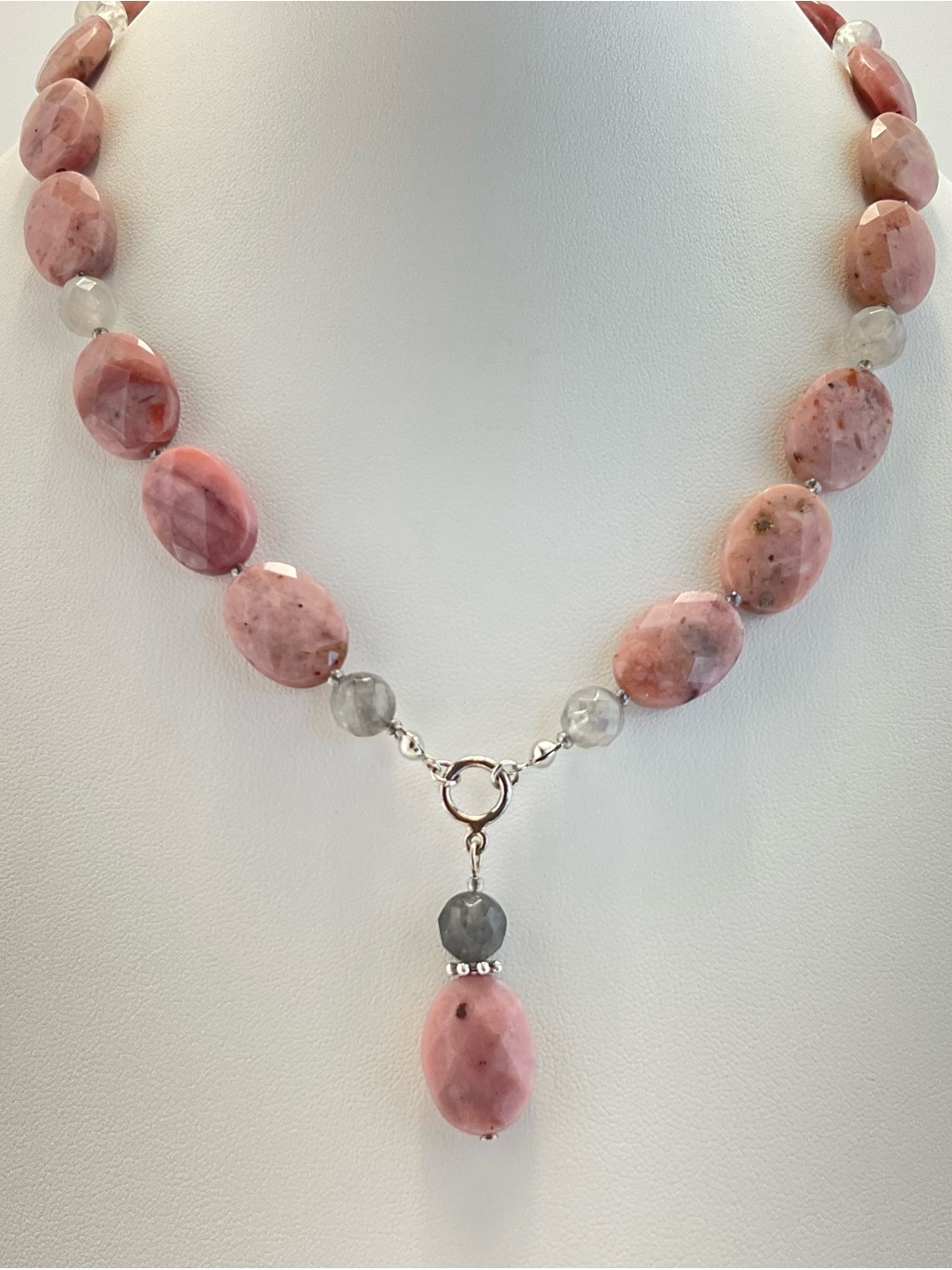 Artisan Pink Peruvian Opal And Gray Quartz Beaded Necklace, Boho